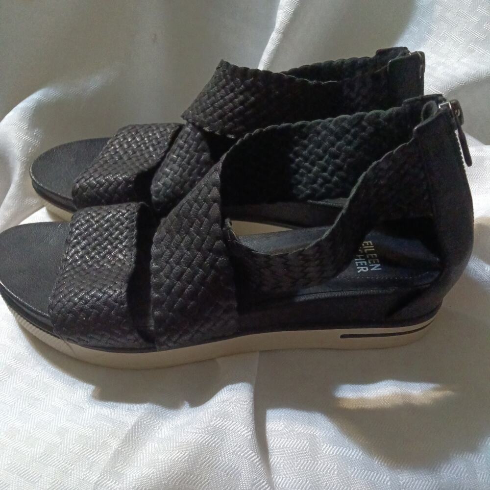 Eileen Fisher Sport Woven Womens Sandals Sz 8.5 Black Cross Leather Zip Platform - Picture 3 of 7